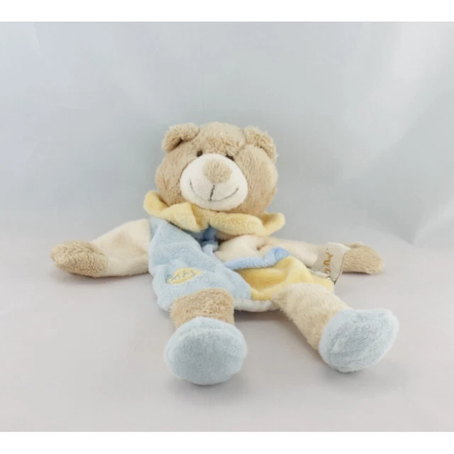 Doudou plat marionnette ours bleu beige jaune BABY NAT - 14320