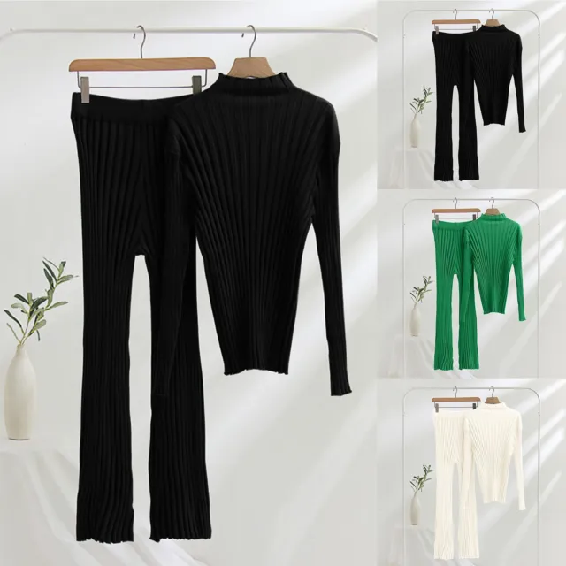 Womens Knitted Sweater Wide Leg Pants Tops 2Pcs Set Round Neck