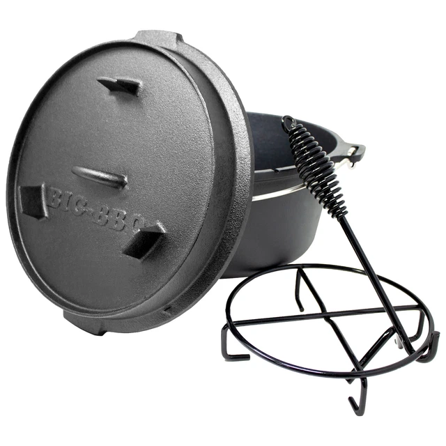 Big-BBQ Dutch Oven mit Deckelheber Set 5,7 Liter Gusseisen Topf ohne Füße B-WARE