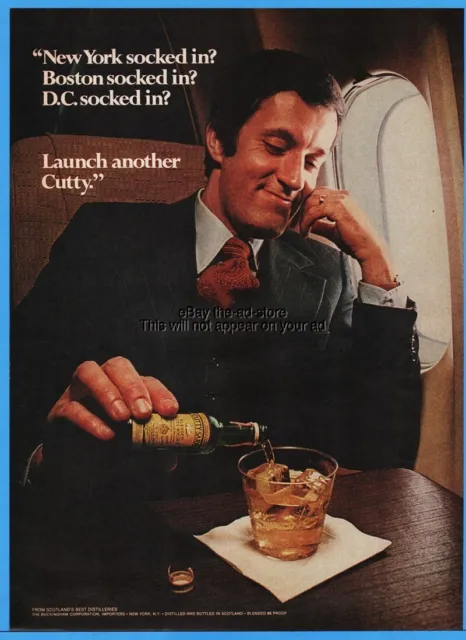1974 Cutty Sark Scotch Miniature Whisky bottle Photo Airplane Passenger Print Ad