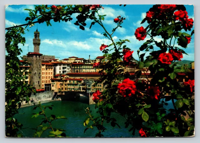 c1974 Florence Old Bridge & Flowers 4x6" VINTAGE Postcard 0104