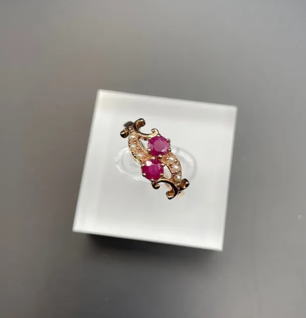 Genuine 9ct 9K Rose Gold Natural Ruby and Pearl Ring