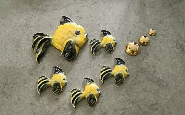 Ceramicraft California Pottery 5 Yellow & Black Fish with 3 Gold Bubbles