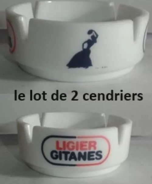 Lot de  2 anciens Rare Cendrier Publicitaire Rond en faillance Ligier/gitanes X2