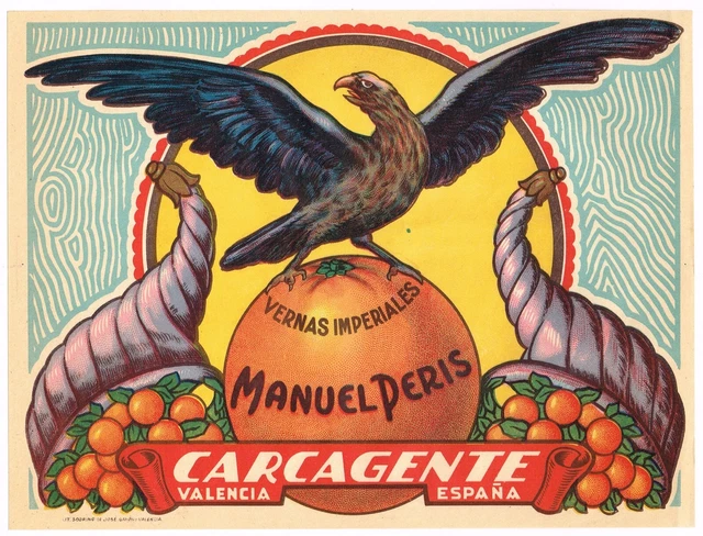 Original Crate Label Spanish Spain Vintage C1930S Eagle Carcagente Ornate Rare