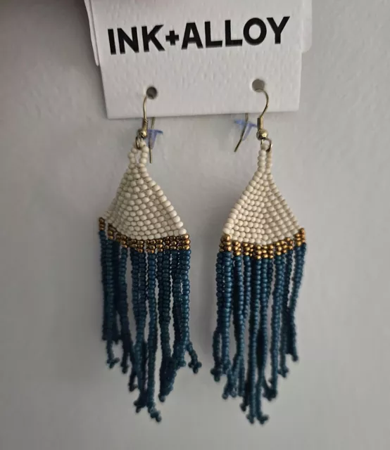 Ink + Alloy Teal Gold Cream Seed Bead Fringe Earrings NEW