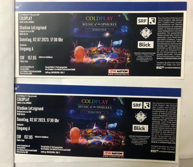 2x Coldplay Tickets STEHPLATZ Zürich Sonntag, 02.07.2023 Stadion Letzigrund