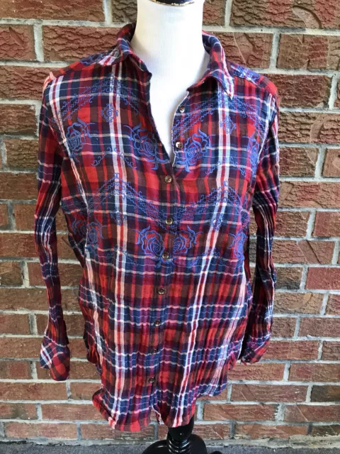 Free People Magical Plaid Shirt Red and Blue Embroidered Button Down Blouse S