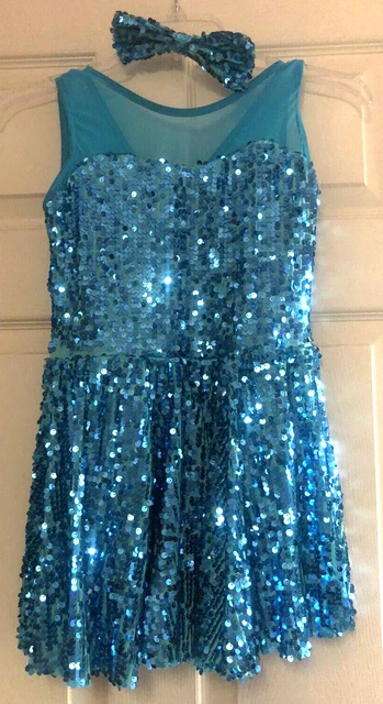 Weissman Girls Dance Costume Dress Size Large 14 Turquoise Sequin + Hair Bow EUC