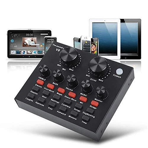 V8-Live Sound Card, USB External V8 Karaoke Recording Mobile Audio Mixer, black