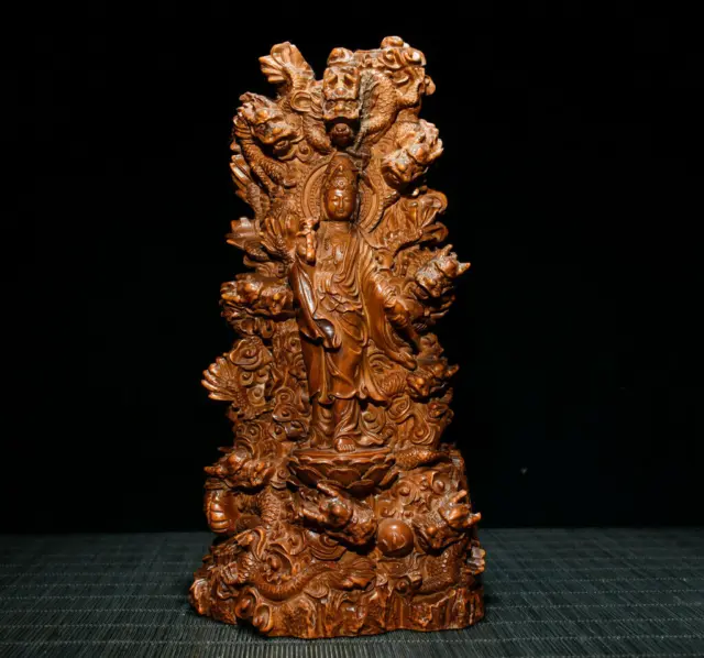 Chinese Natural Boxwood Handcarved Exquisite Dragon & Guanyin Statue  36709