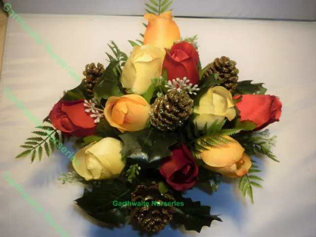 Artificial Red & Yellow Rose Christmas Grave Vase/Crem Pot Or Table Centre
