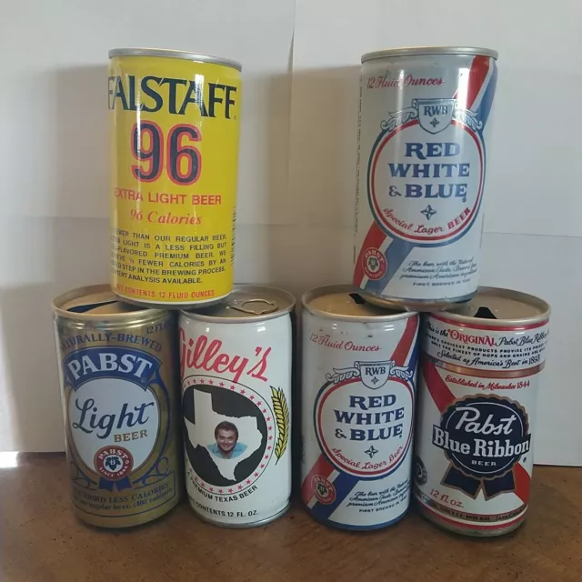 Lot 57 6 Vintage steel pull top 12 oz beer cans.  Red white blue pabst Gilleys