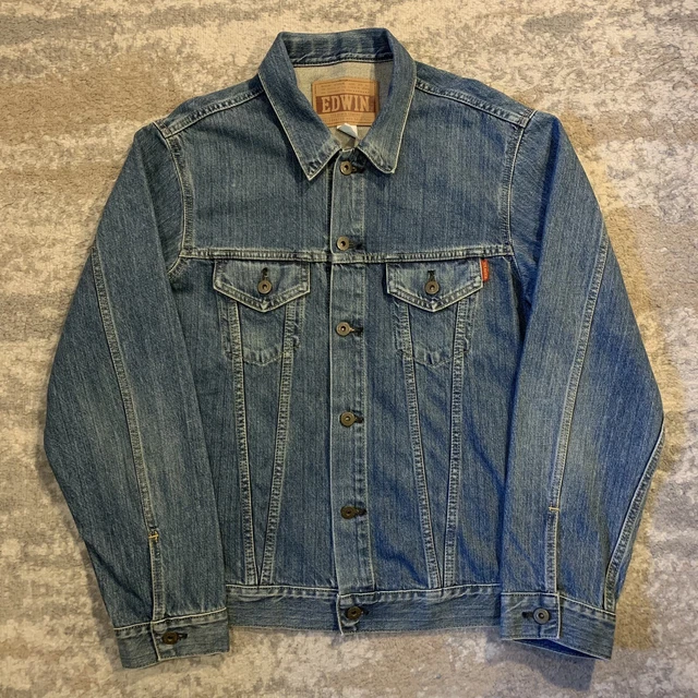 Vintage Edwin Japanese Denim Trucker Jacket Button Up Stone Wash Blue XL