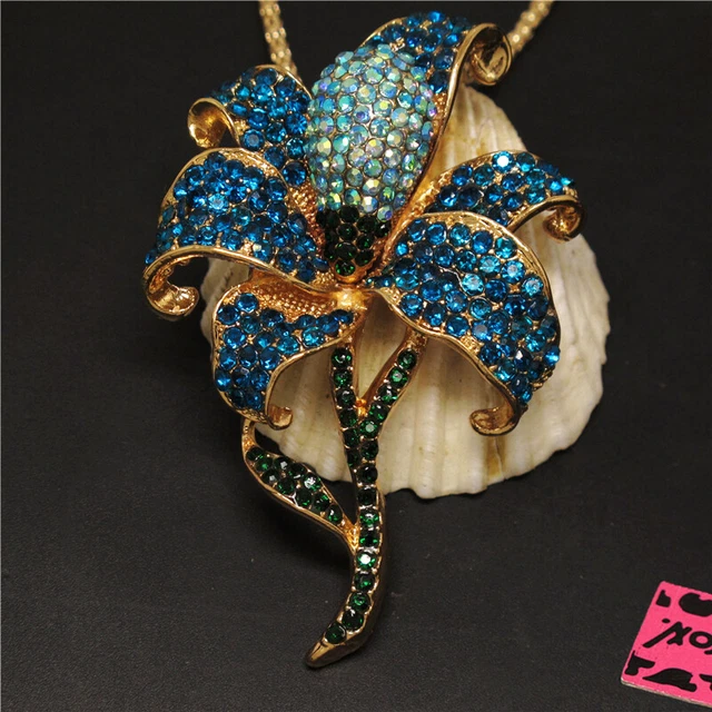 New Betsey Johnson  Blue Bling Flower Rhinestone Crystal Pendant Chain Necklace 2