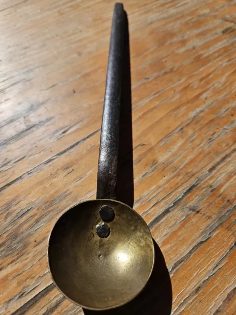 Late 17th  Early 18th Century Brass & Iron Hand  Wrought Tasting Or Sauce Spoon