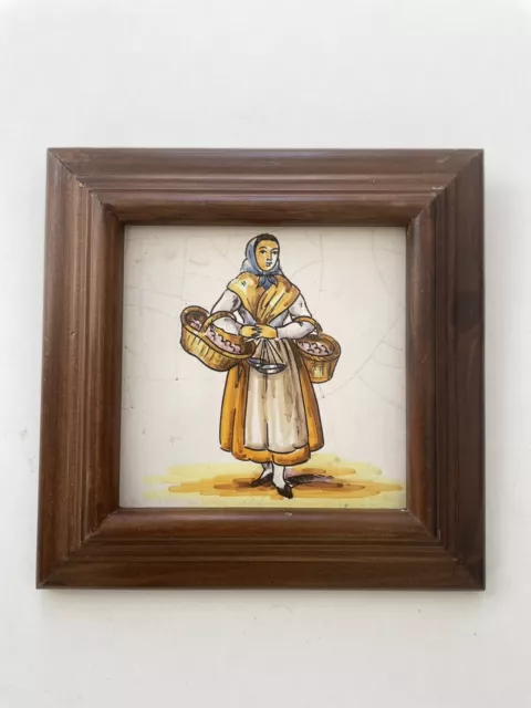 Vintage Ceramic Tile - Woman in Traditional Dress  - Hand Painted Decorative