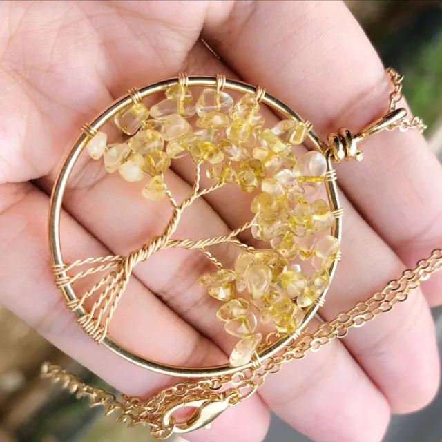 Yellow Crystal Gem Tree Of Life Water-Drop Necklace Chakra Reiki Healing Amulet