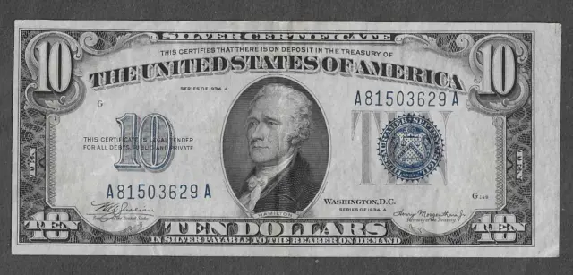 FR. 1702 Ten Dollars ($10) Series of 1934A Blue Seal Silver Certificate