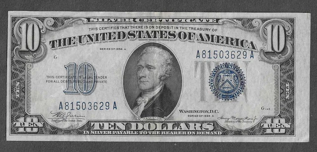 FR. 1702 Ten Dollars ($10) Series of 1934A Blue Seal Silver Certificate