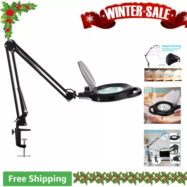 10X Magnifying Lamp with Clamp - 2200 LM Super Bright - Stepless Dimming - Black