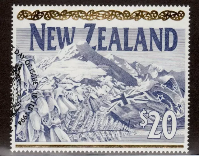 1994 NEW ZEALAND Sc #1084 / $20 Large mountain landscape stamp FDC cancel  Cv$15