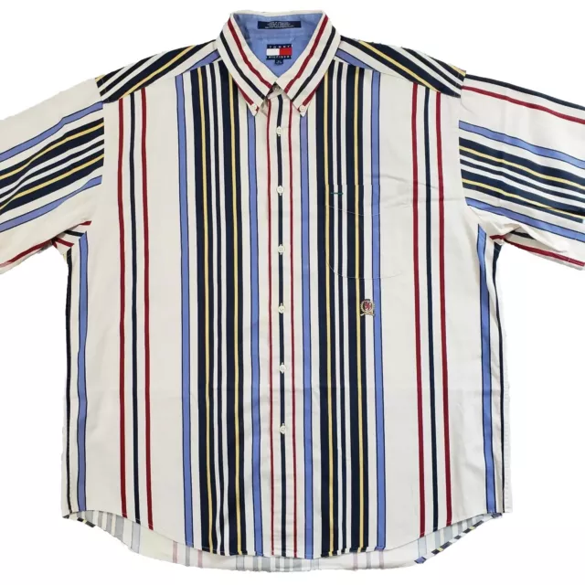 Vtg Tommy Hilfiger SS Shirt Mens XL Button Up Multi Color Striped Crest Logo 90s