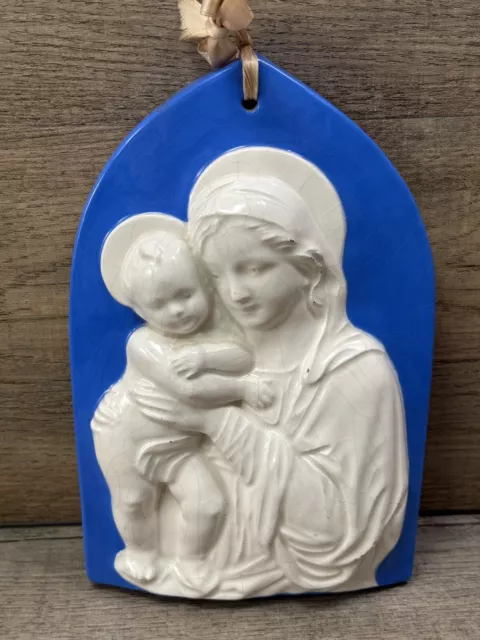 Antique Della Robbia Style Italy Religious plaque ceramic blue - Signed