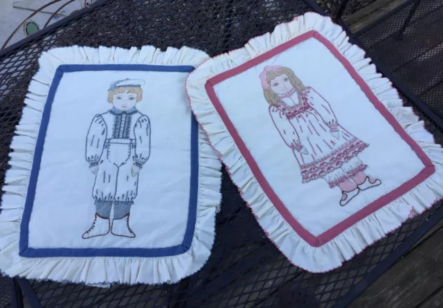 Pair Of Vintage Pink Girl & Blue Boy Embroidery Ruffled Decorative Wall Hangings