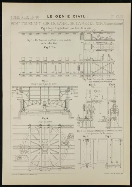 1906 - Plan de pont tournant sur le canal de la mer du nord à Velsen (Hollande)