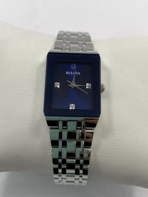 Bulova Quadra Diamond Quartz Blue Dial Stainless Steel Ladies Watch 96P187