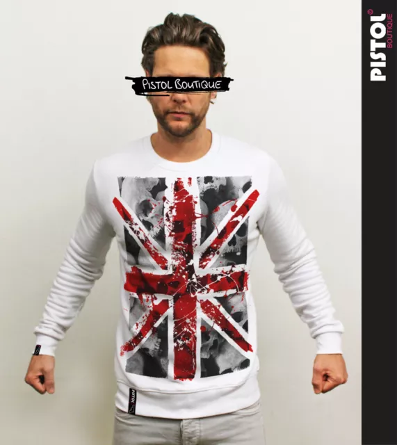 Pistol Boutique men's White UNION JACK BLOOD SKULLS Classic Sweatshirt Jumper