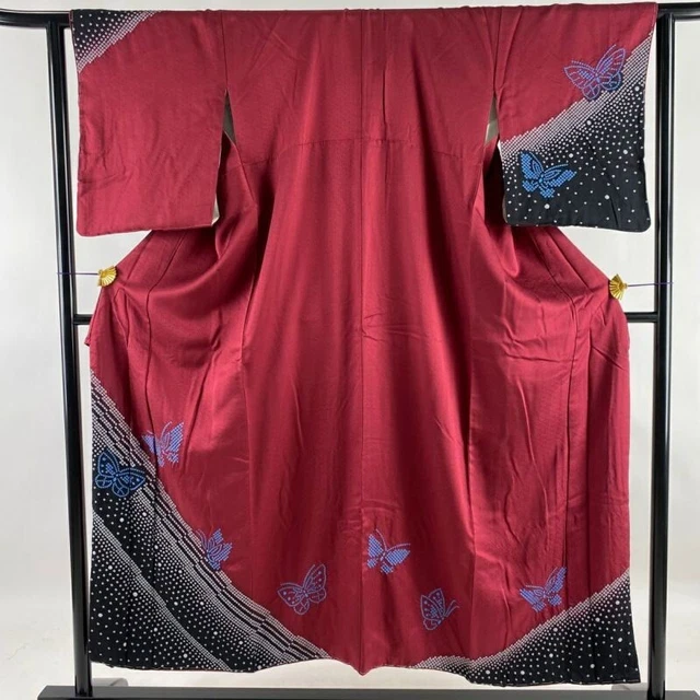 Woman Japanese Kimono Houmongi Silk Butterfly Shibori DeepRed Sign