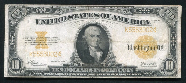 Fr. 1173 1922 $10 Ten Dollars Gold Certificate Currency Note Very Fine (D)