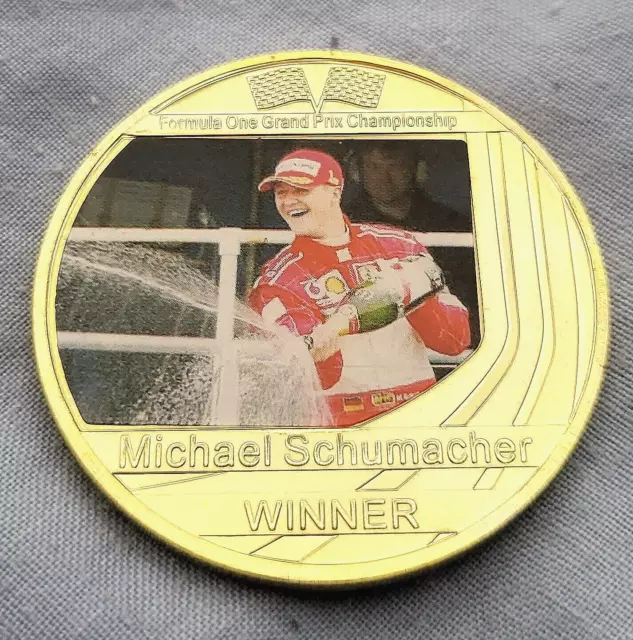 Michael Schumacher Gold Coin F1 Driver Racing Car Chequered Flag Old Sport Retro