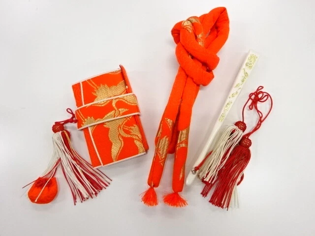 6344292: Japanese Kimono / Antique Hakoseko & Marukuge Cord Set / Woven Crane