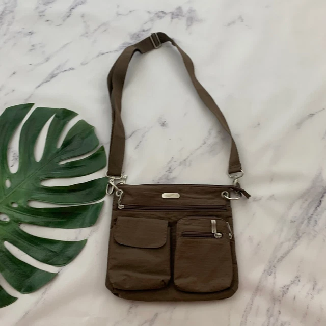 Baggallini Cross Body Purse Bag Taupe Brown Nylon Zipper Pockets Travel