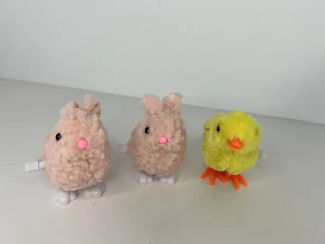 Easter Wind-Up 2 Pink Hopping Bunnies Yellow Fluffy Hopping Chick 2023 SET OF 3