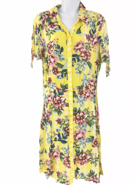 Y2K 2000 ECI New York Shirt Dress Size 4 Yellow Floral Button Front Short Sleeve