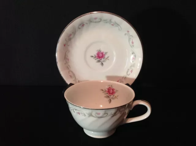 Fine China of Japan Royal Swirl One (1) Footed Tea Cup & Saucer Set Pink Rose