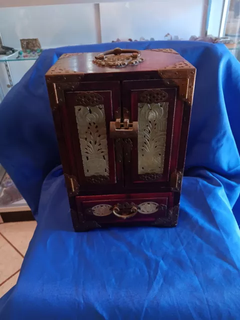 Vtg Oriental Chinese  Wooden Jewelry Box Ornate Brass Carved Jade Inlaid