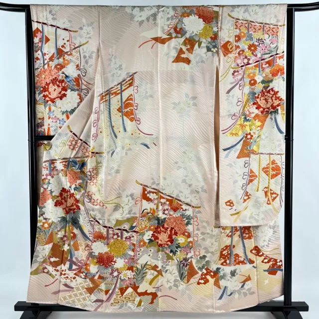 Japanese Silk Kimono Vintage Furisode Gold Gorgeous Pink Silver Bird Flower 62in