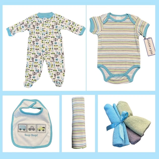 Cutie Pie Infant Boy Layette Sleeper Bodysuit Blanket Bib Wash Cloth Car 0-3 Mos