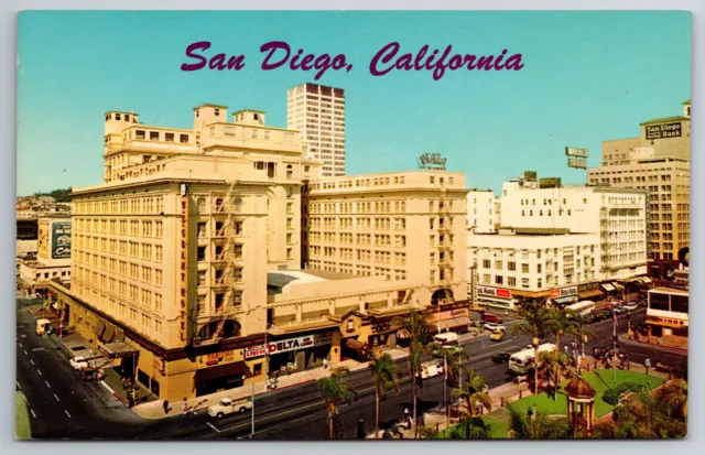 Vintage Postcard CA San Diego U. S. Grant Hotel Delta Old Cars Aerial View -4045
