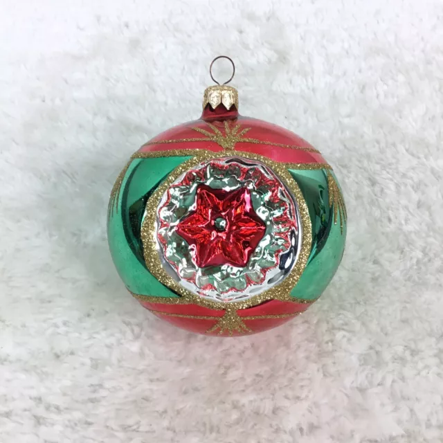 VINTAGE BLOWN GLASS Indent Reflector FLOWER BALL Christmas Ornament ...