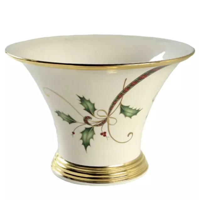 Lenox Holiday Nouveau Gold Centerpiece/Console Bowl; Holly Berries Tartan