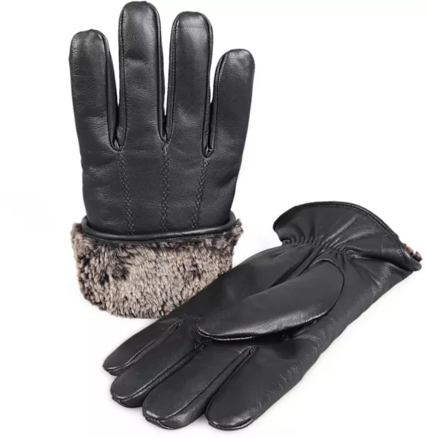Men's Premium Shearling Sheepskin Fur Lined Leather Gloves Black