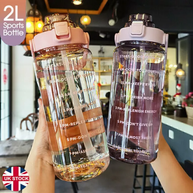 2L Sports Water Bottle Time Marker with Straw Large Gym Travel Drinking Bottle