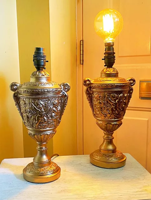 A Stunning Harley Quinn Pair Of Antique Glit Painted Rococo Cherub Urns Lamps