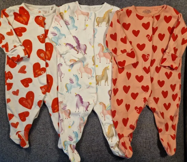 Next Baby girls Sleepsuit bundle 0-3 months Babygrow heart unicorn rainbow (610)